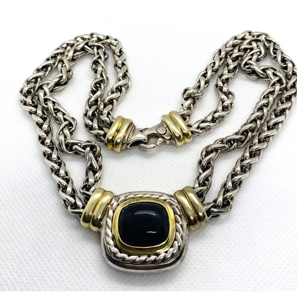 David Yurman Albion Double Chain Wheat Onyx Necklace Sterling Silver 925 14K 585 - Picture 2 of 16